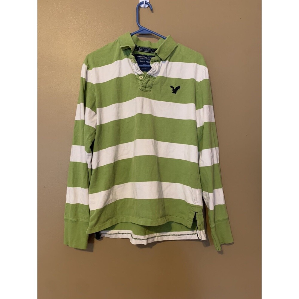 American Eagle Long Sleeve Striped Rugby Polo Shirt Men's M Medium - Green White